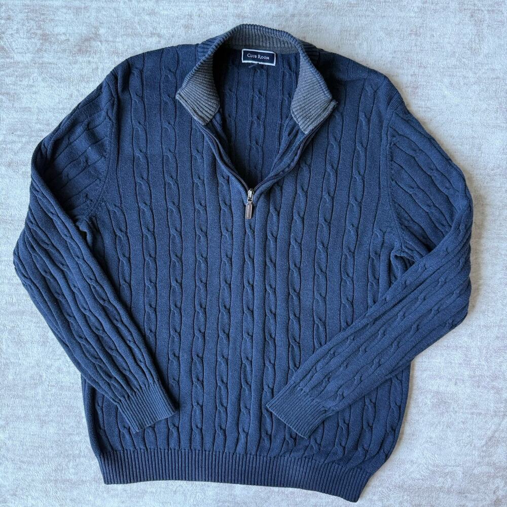 Club Room Men's Navy Blue Quarter-Zip Cable Knit Sweater‎ Large 100% Pima Cotton